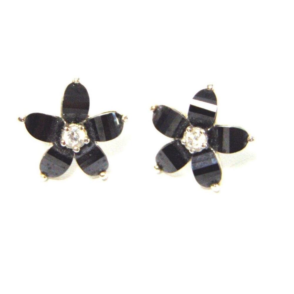 Onyx Black Flower Earrings Sterling Silver Posts Hematite 15mm Flowers CZ Center